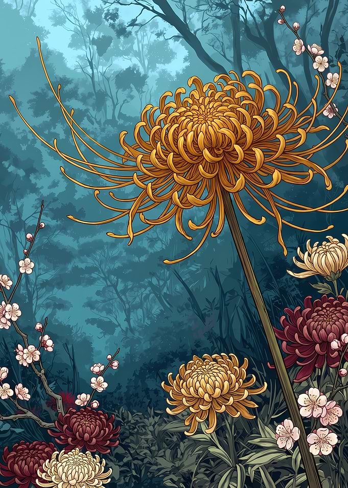 Golden Chrysanthemums in Misty Forest