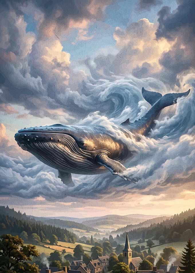 Whale Swimming Through Dreamy Clouds