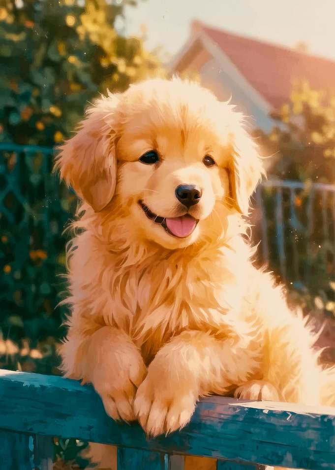 Golden Retriever Puppy Leaning on Fence