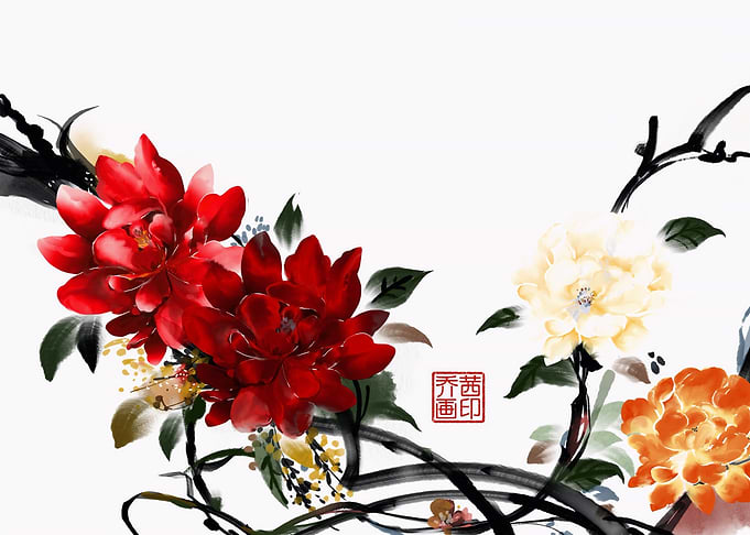 Traditional Chinese Ink Wash Peony Painting