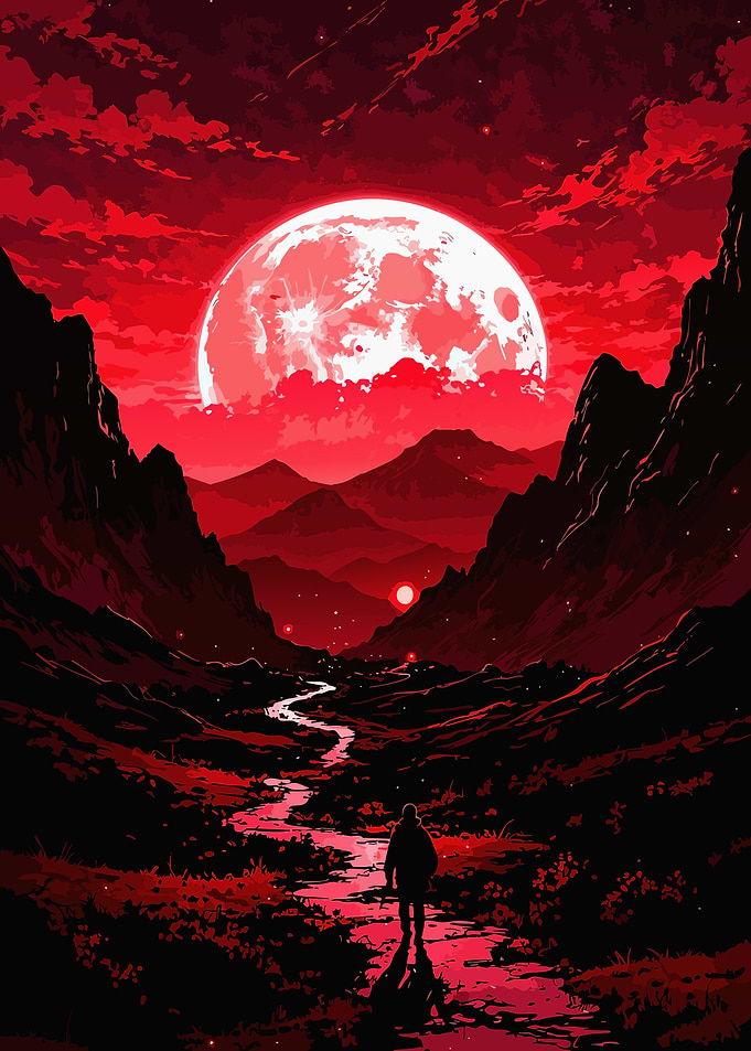 Lone Traveler Under Red Moon