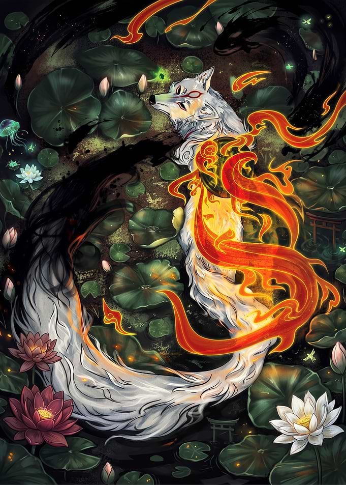 Mystical Kitsune in Lotus Pond