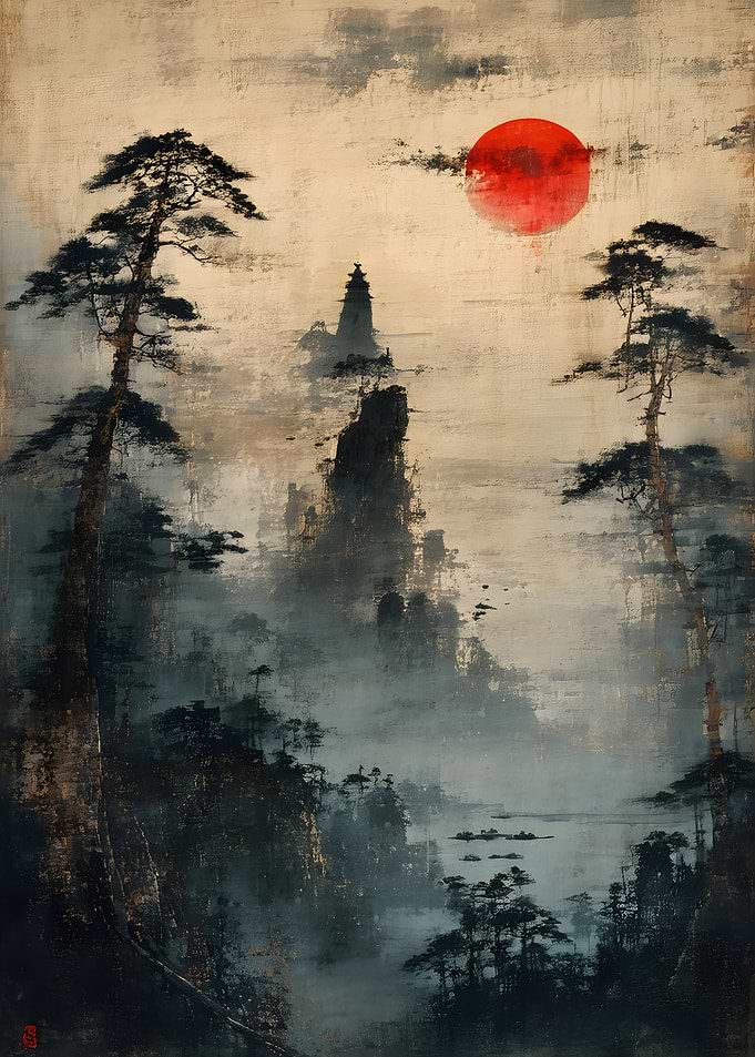 Misty Mountain Landscape with Red Sun