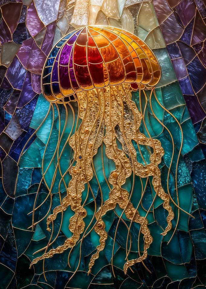 Colorful stained glass jellyfish ocean mosaic art