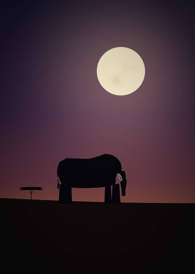 Moonlit Elephant - Minimalist Elephant Silhouette Under a Full Moon