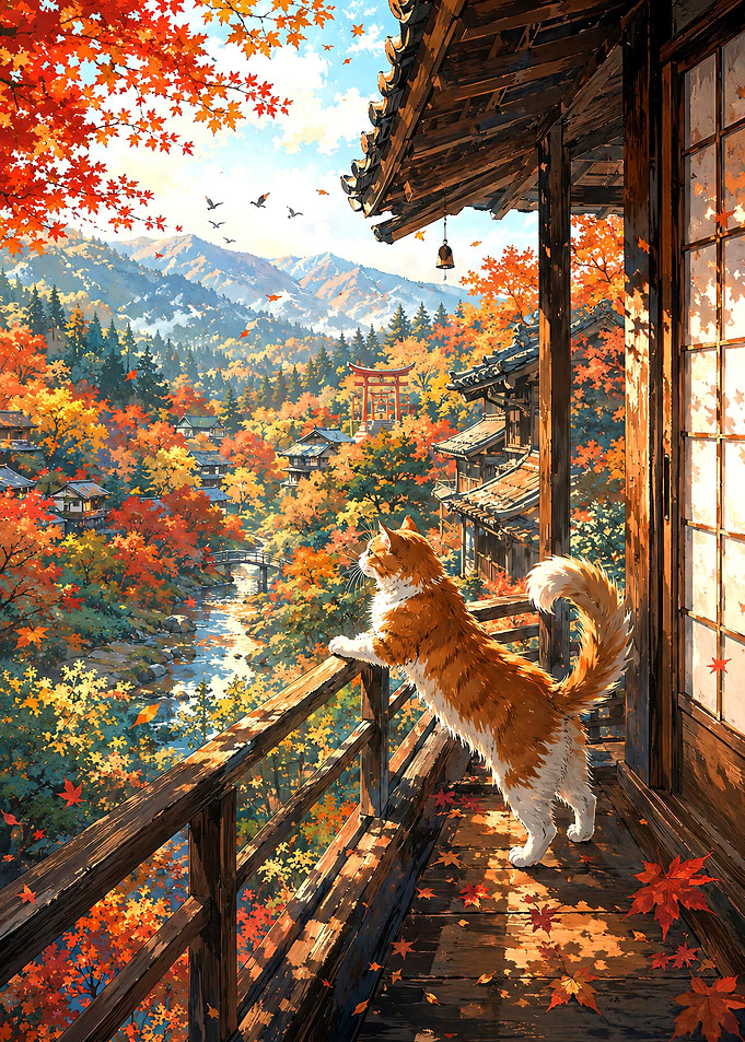 Cat Watching Autumn Landscape
