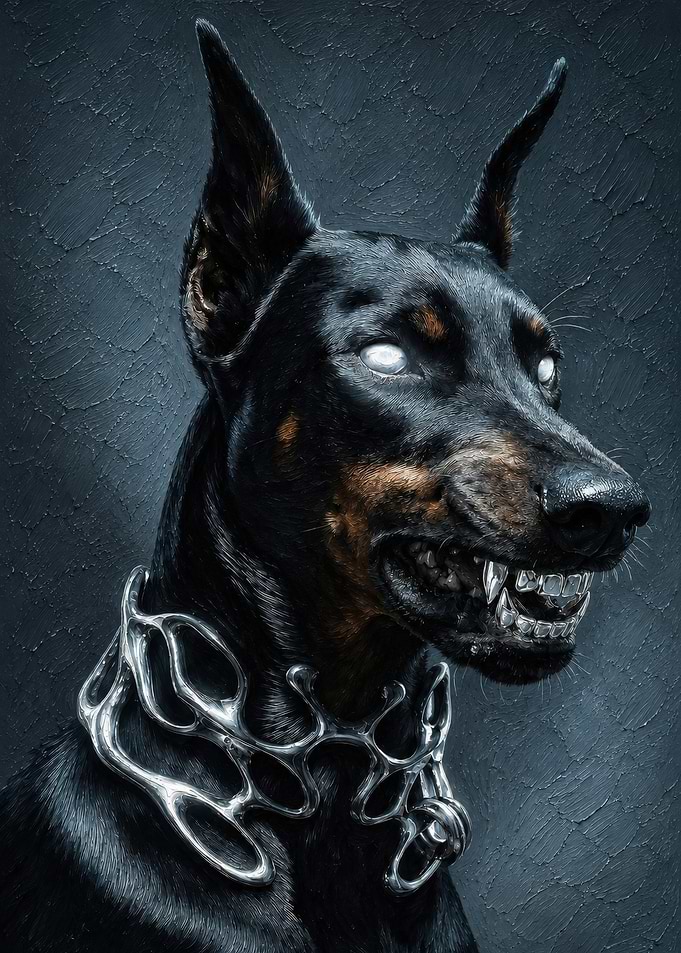 Aggressive Doberman with Metallic Collar