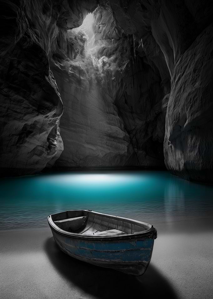 Blue Boat in a Hidden Cave