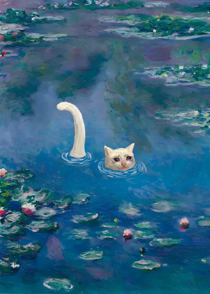 Crying Cat in Monet Water Lilies