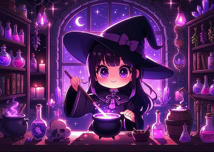 Chibi Witch Brewing Magic Potion