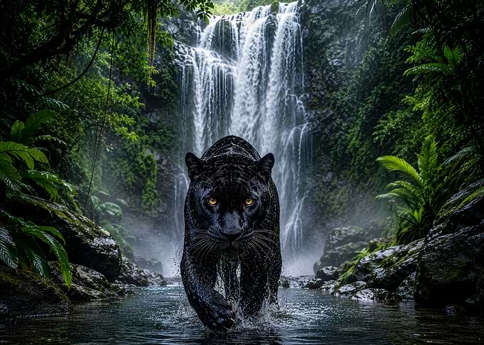 Black Panther in Tropical Waterfall