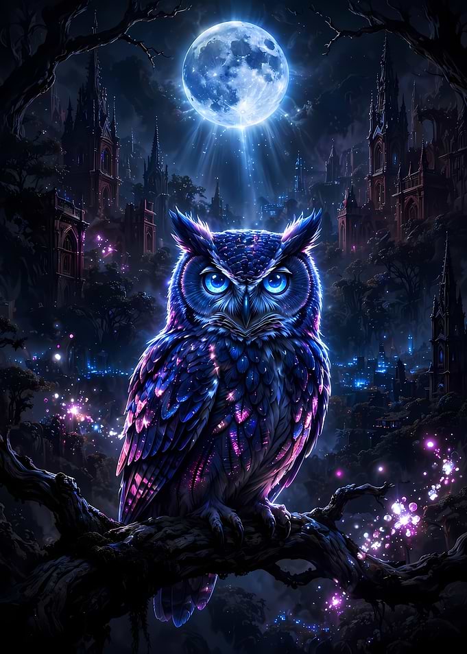 Glowing Owl Under Full Moon
