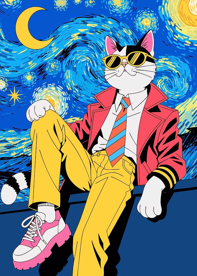Stylish Cat in Starry Night