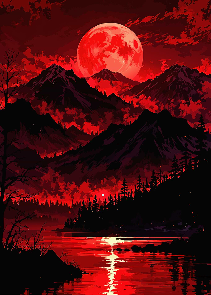 Crimson Blood Moon Over Mountain Lake