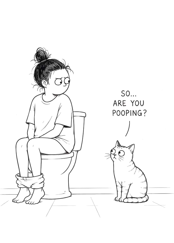 Cat asking girl on toilet