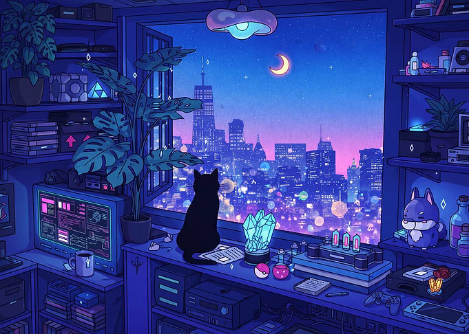 Cozy Gamer Room with City View