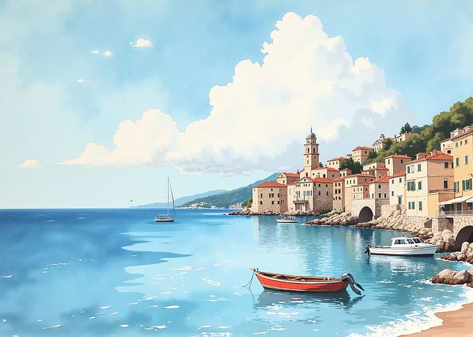 Coastal Mediterranean Village Scene