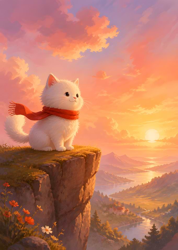 Cute White Kitten at Sunset