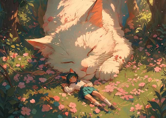 Girl Sleeping Beside Giant Cat