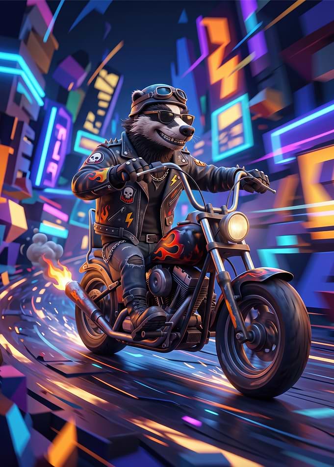 Badger Biker in Neon City