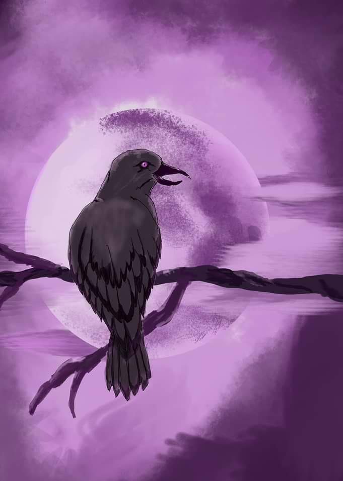 Crow Perched Under Purple Moon