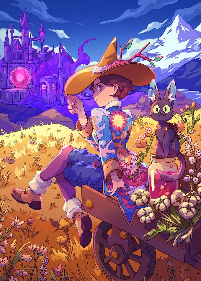 Witch and Cat in Meadow