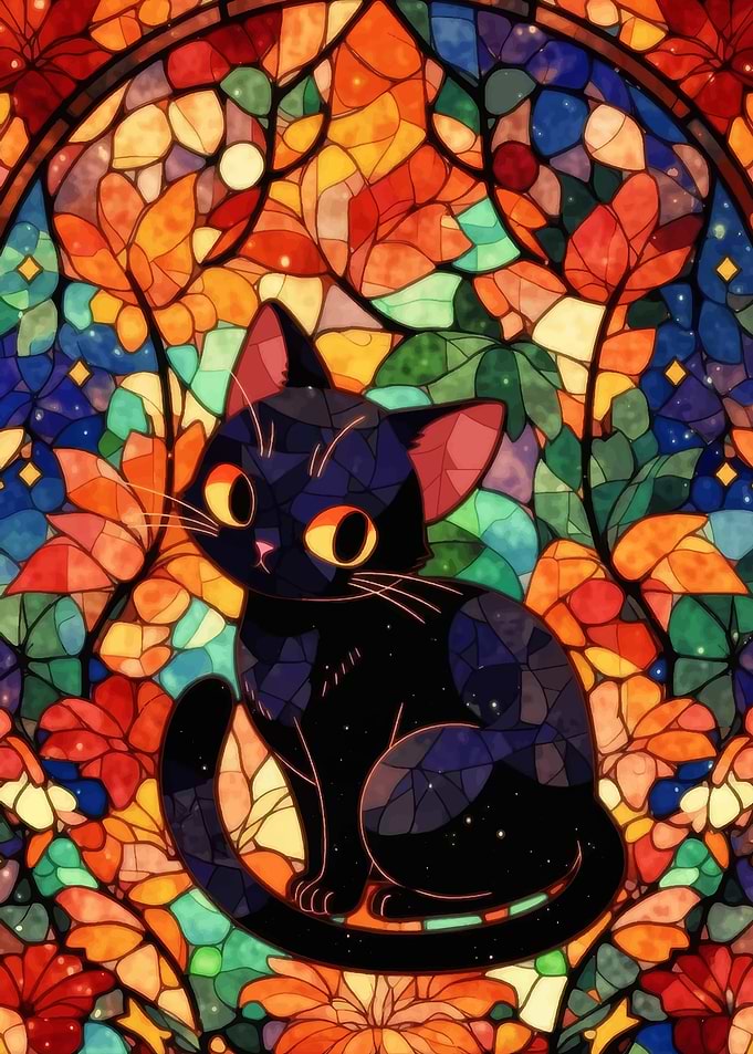 Stained Glass Black Cat Art
