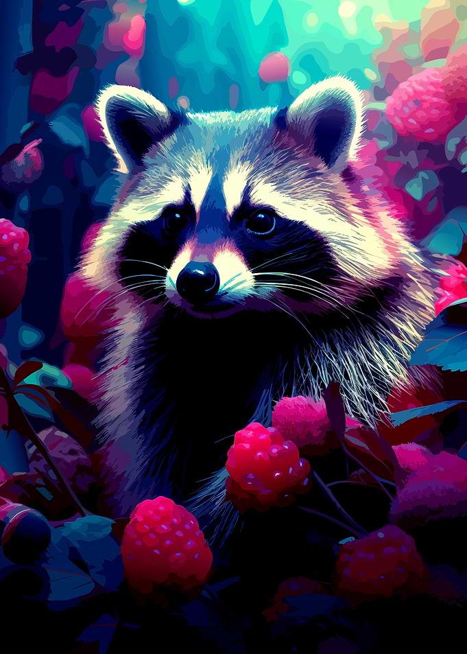 Vibrant Raccoon in Raspberry Patch