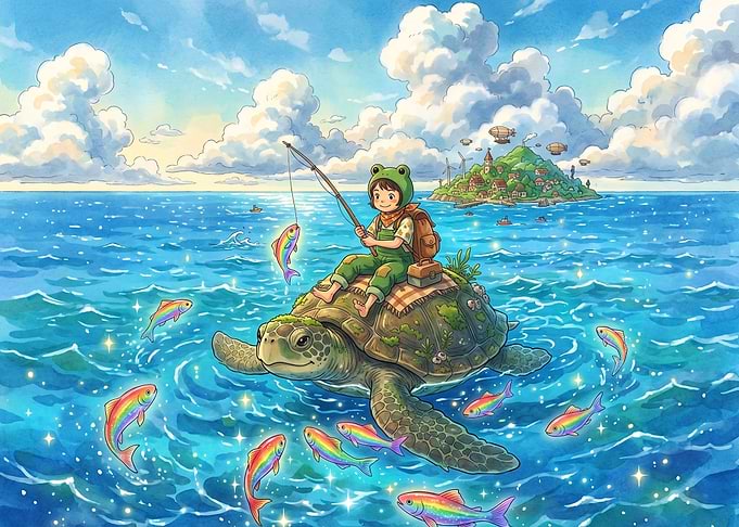 Child Fishing on Giant Sea Turtle