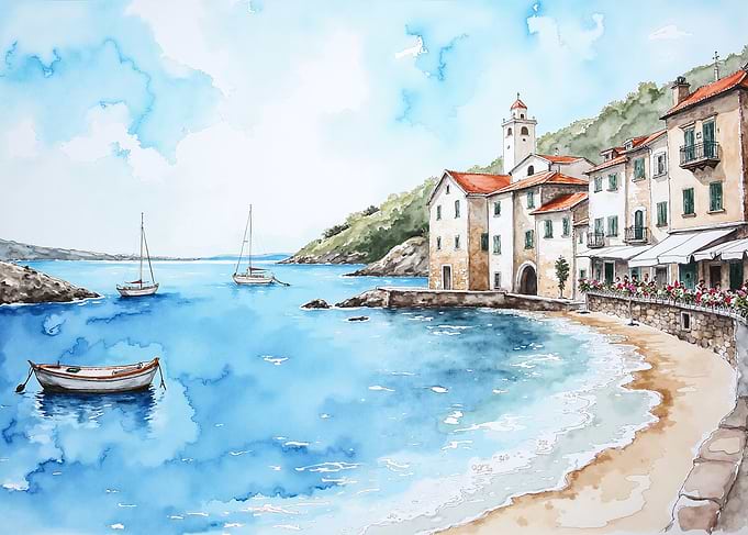 Watercolor Coastal Village Scene