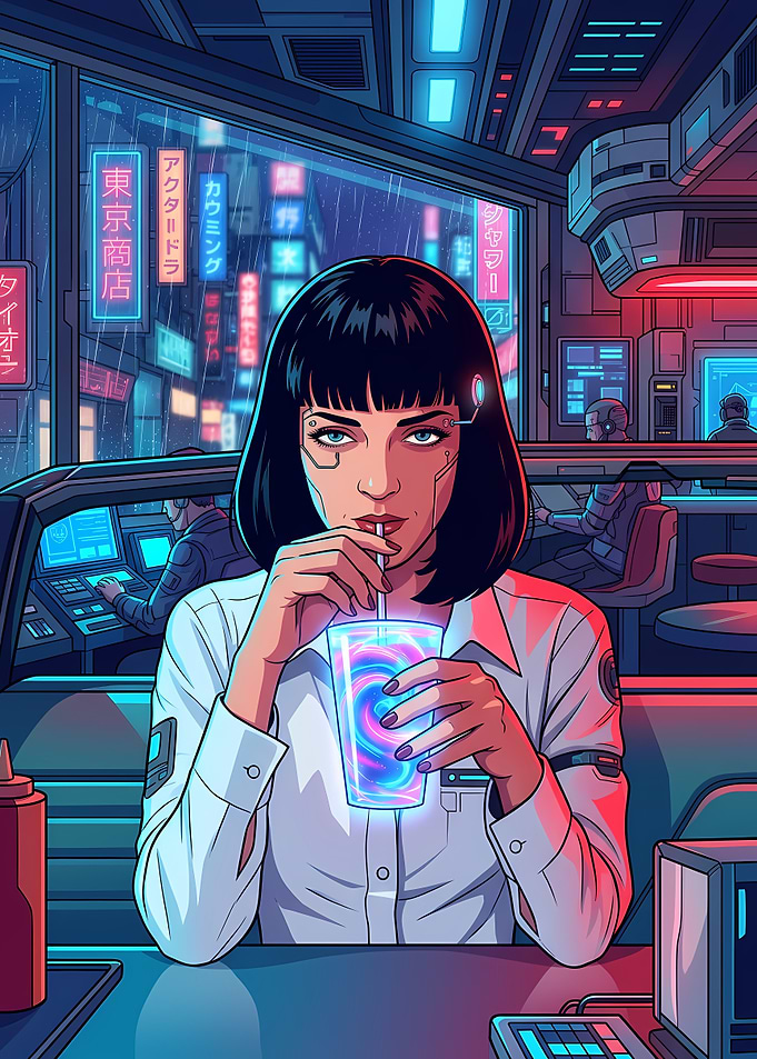 Mia Wallace Drinking Neon Shake
