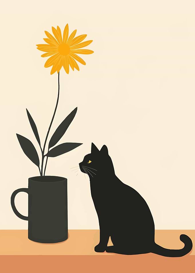 Black Cat and Yellow Flower Illustration