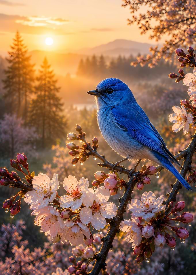 Blue Bird on Cherry Blossom Branch