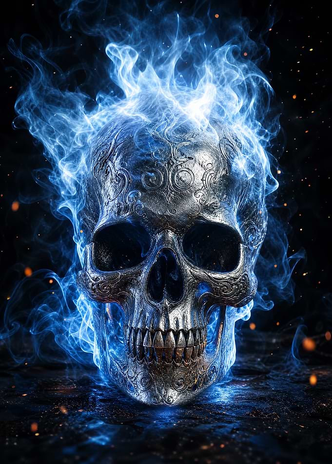 Ornate Silver Skull in Blue Fire