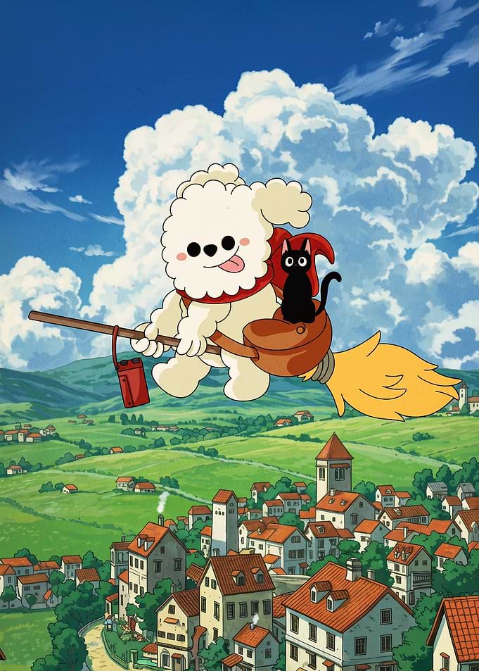 Cute Dog and Cat Flying Broom