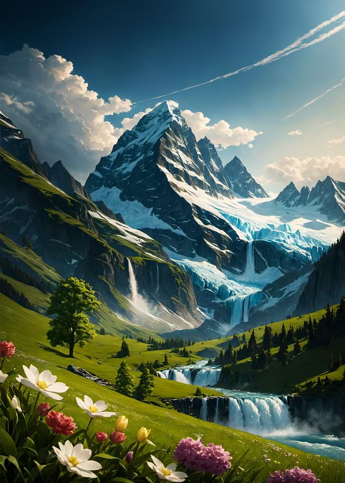Majestic Alpine Valley with Waterfalls