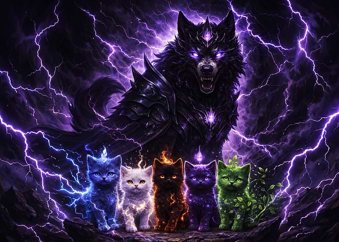 Elemental Kittens and Dark Wolf Guardian
