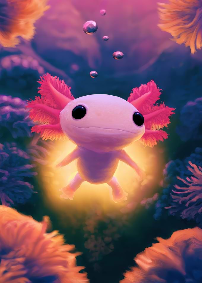 Glowing Cute Axolotl Underwater