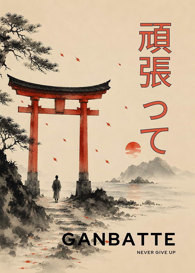 Ganbatte Japanese Torii Gate Poster