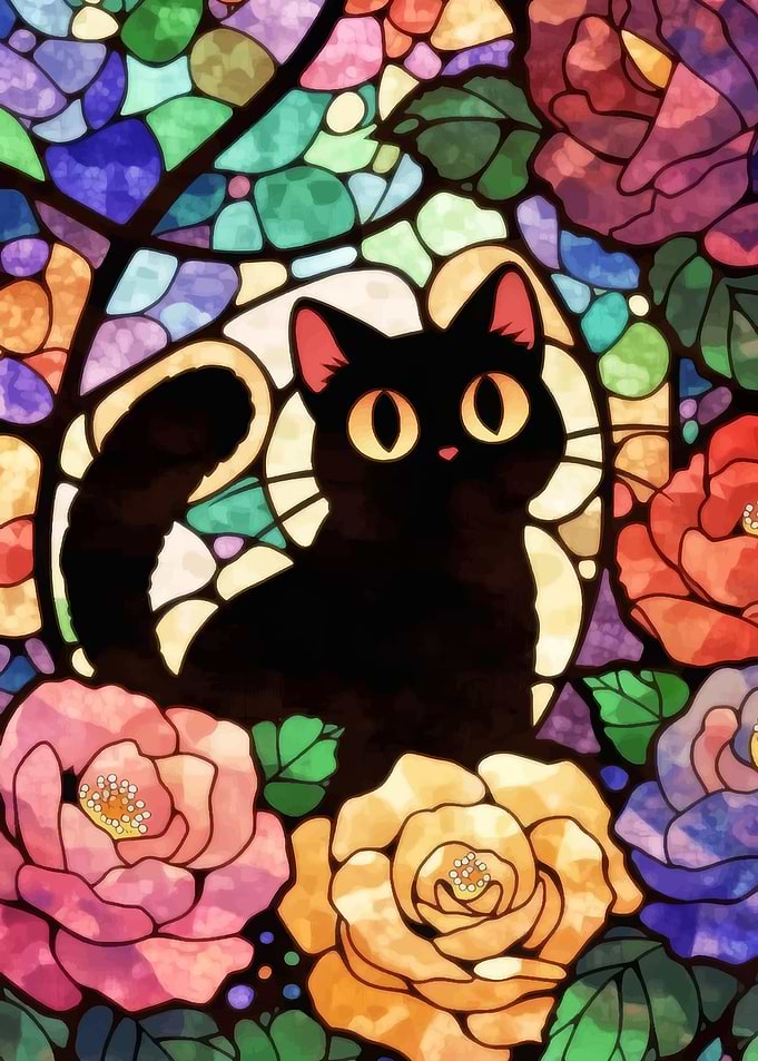 Stained Glass Black Cat and Roses