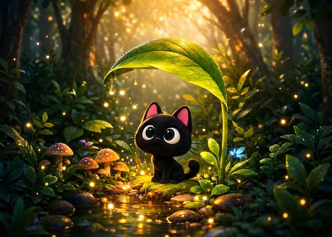 Cute Black Kitten in Enchanted Forest