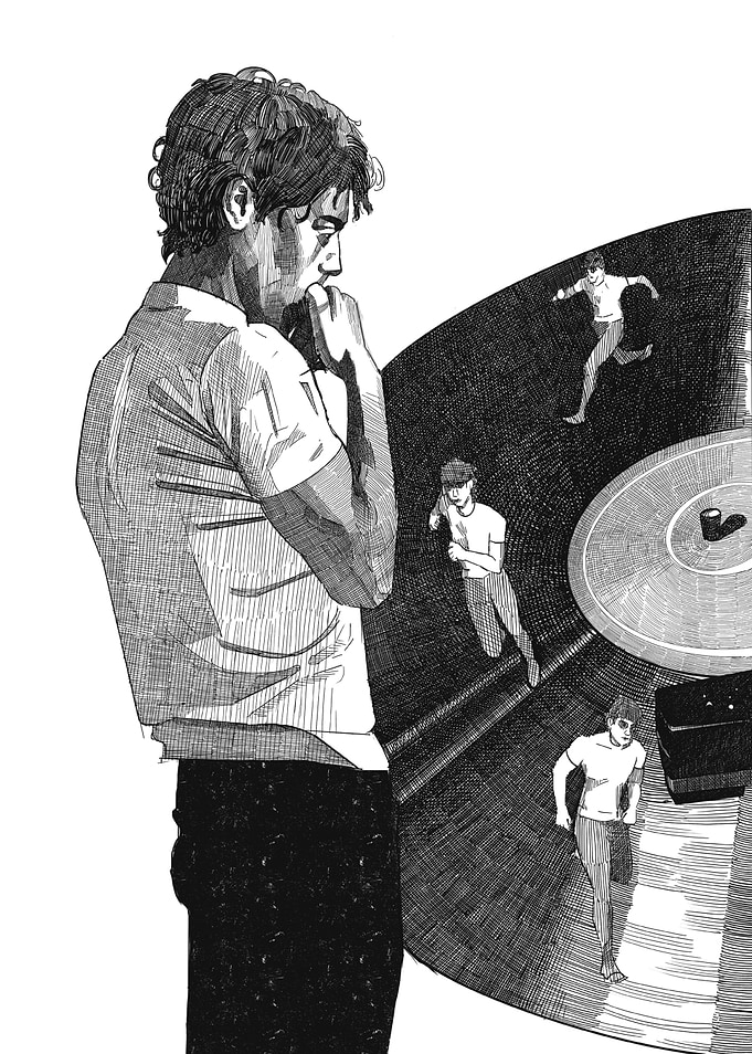 Man Looking at Vinyl Record