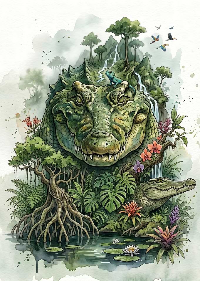 Watercolor Jungle Crocodile Landscape
