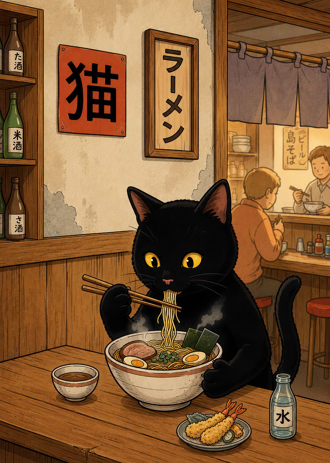 Happy Black Cat in Ramen Shop