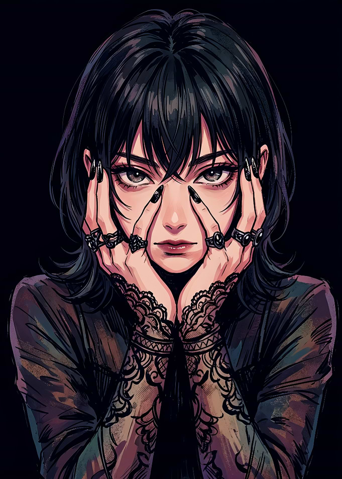Gothic Anime Girl with Lace Sleeves