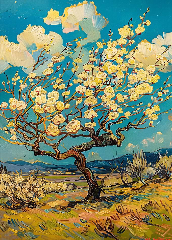 Van Gogh Style Almond Blossom Painting - Vincent van Gogh's View of Arles, Flowering Orchards (1889)