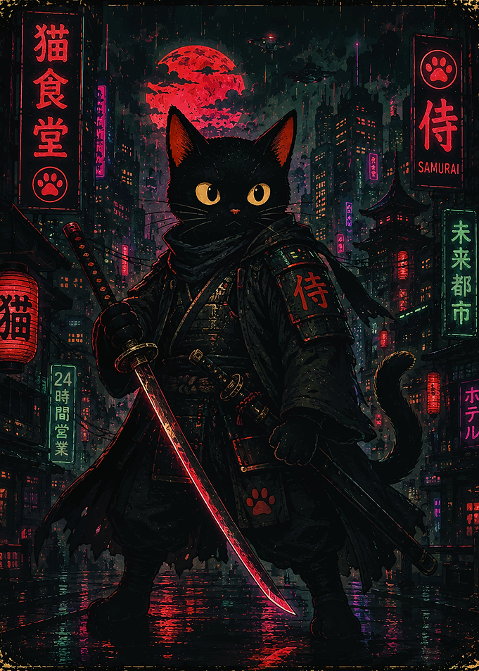 Black Cat Samurai Cyberpunk Japanese Wall Art
