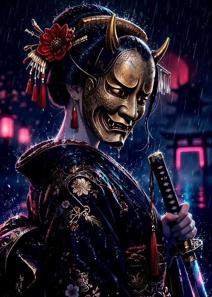 Geisha with Oni Mask and Katana