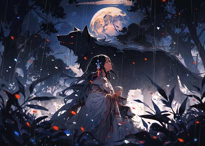 Anime Girl with Giant Wolf
