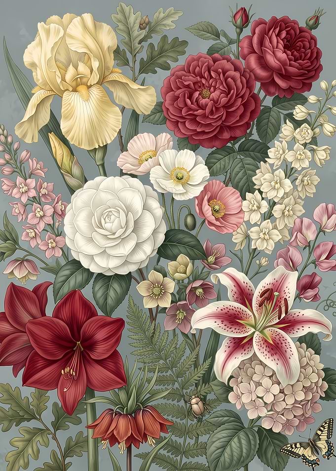 Botanical Illustration of Assorted Flowers